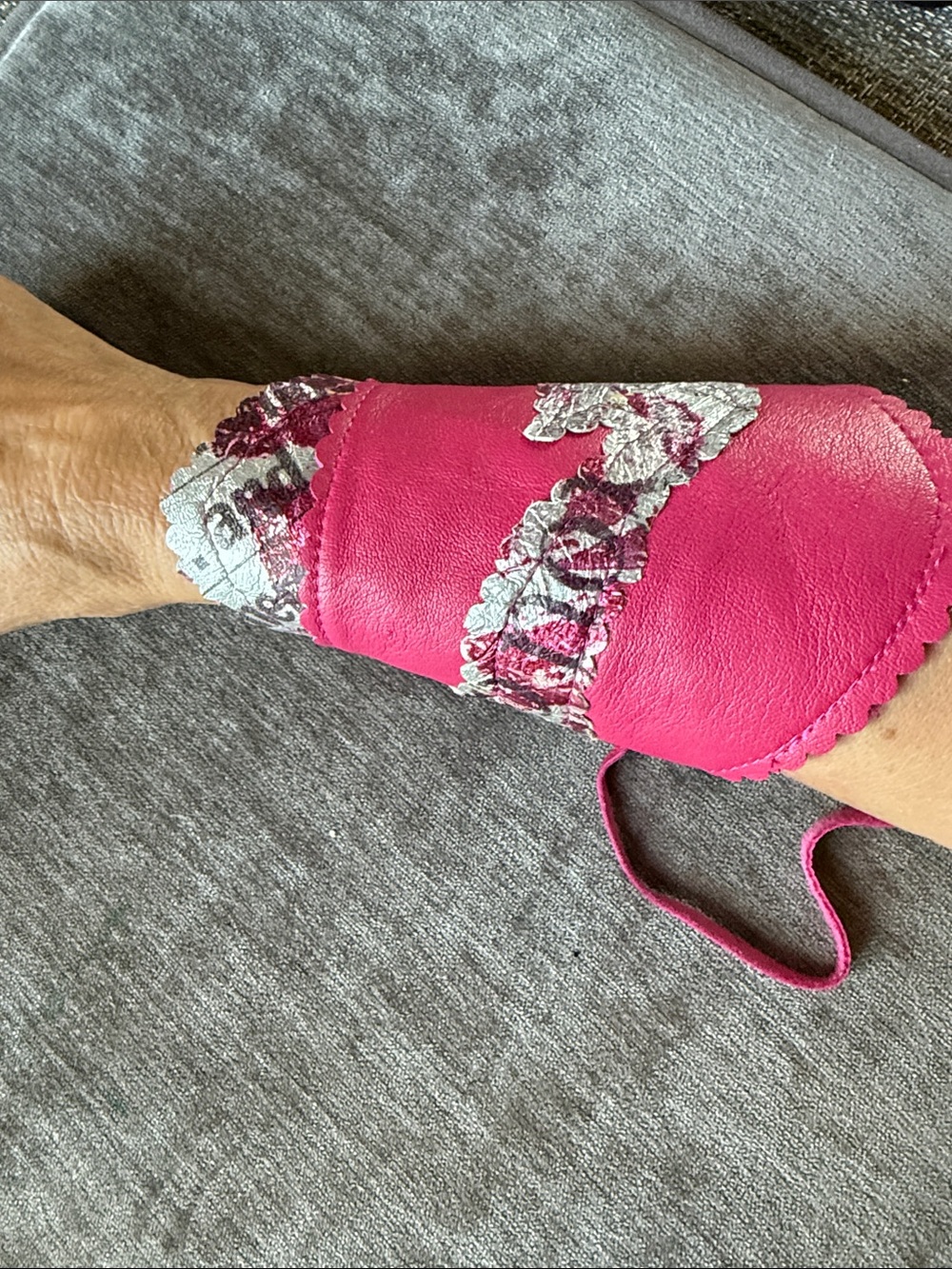 Pink Leather Wrist Cuff Glove with Silver Floral Accent
